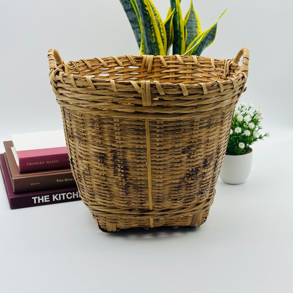 Vintage Bamboo Woven Basket with Handles Square Base Round Top‎ Asian Boho